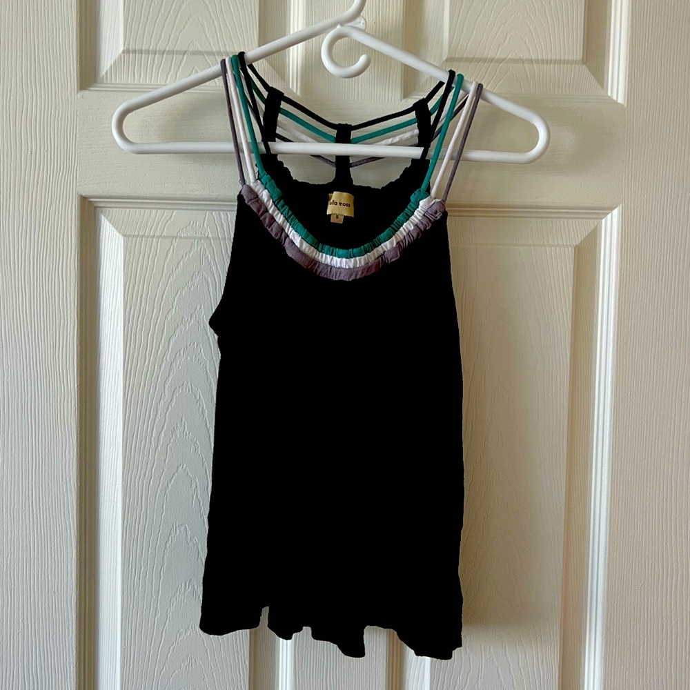 Cropped Ella moss tank. Black with white green and gray.